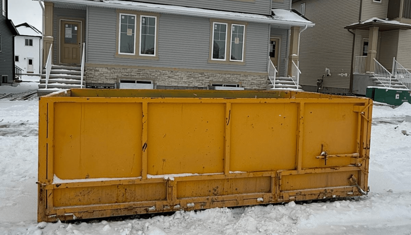 Equi-Waste Truck Delivering Dumpster in Residential Area
