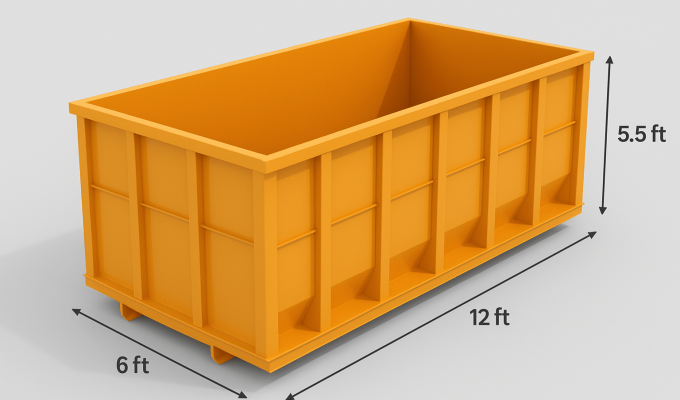 Equi-Waste Services Ltd yellow dumpster rental bin dimensions 12ft length 6ft width 5.5ft height size guide